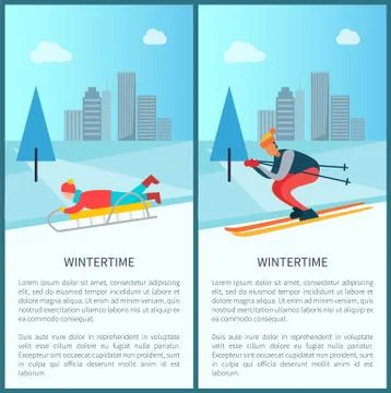 Wintertime Sled and Skier Set Vector Illustration Stock Illustration