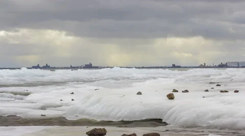 Wintery Cloudy Day over Lake Superior and Duluth 4K Timelapse Stock Footage 63100621