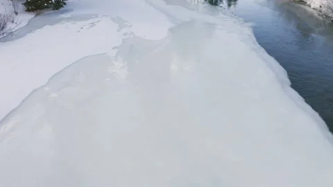 Wintery Ice &amp; River Drone Shot Stock Footage 301668109
