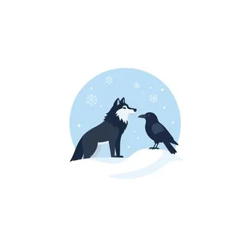 Wintery illustration featuring wolf and crow companionship amidst falling s.. Stock Illustration