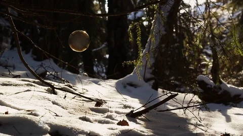 Wintery landscape with soap bubbles bursting in mid-air Stock Footage 88982471