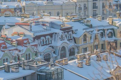 Wintry cityscape of Kiev, Ukraine from elevated perspective White buildings w Stock Photos