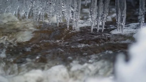 Wintry river flows fast after a spring thaw, and a row of icicles hanging dow Stock Footage 126594810