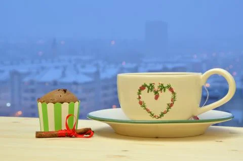 Wintry Tea with Chocolate Muffin Stock Photos