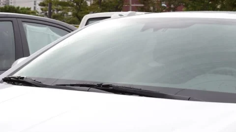 Wipers and cleaning fluid close-up on the car windshield. Stock Footage 163192906