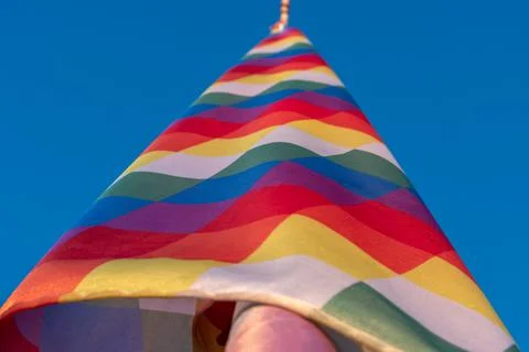 The Wiphala, square emblem, flag to represent some native peoples of the Ande Stock Photos