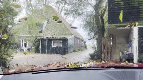Wiping Rainy Leaves From The Window With Windshield Wipers Car On Barn Stock Footage 219675161