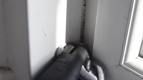 Wiping window corner after applying mold remover spray Stock Footage 335218149