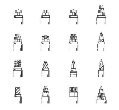 Wire and electric cable line icons set types Stock Illustration