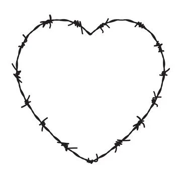 Wire barb heart shape vector border. Jail fence heart frame love prison barbwire Stock Illustration