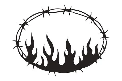 Wire Barb oval frame y2k tattoo border with flame silhouette gothic spiky punk Stock Illustration