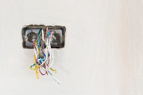 Wire box with different colored cables for power outlet installa Stock-Fotos