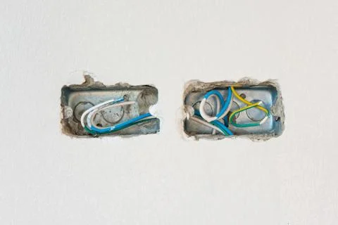 Wire box with different colored cables for power outlet installa Stock Photos