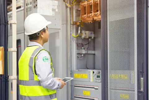 Wire cable assemble or connect with copper busbar in electrical power cabinet Fotos Stock