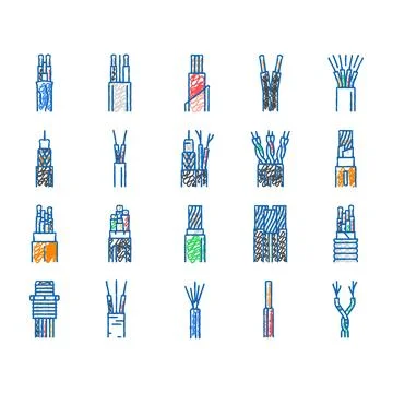 Wire cable technology connection icons hand drawn Stock Illustration