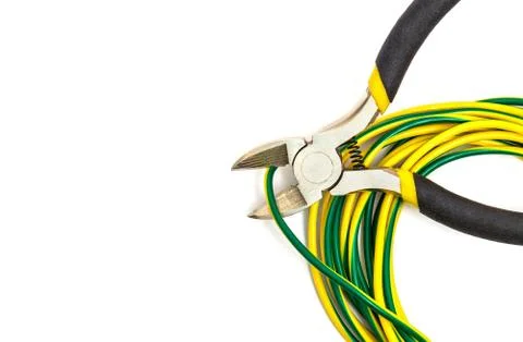 Wire cutters or diagonal pliers and wires close up on white background Stock Photos