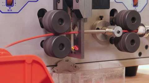 Wire cutting and stripping machine working - close up Video stock 150441309