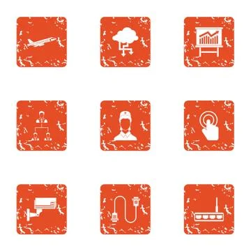 Wire data icons set, grunge style Stock Illustration