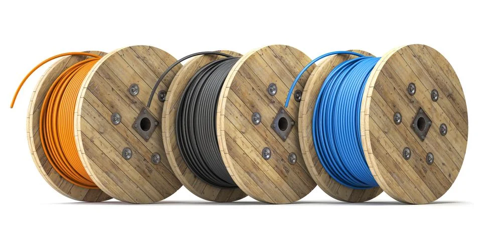 Wire electric cable of different colors on wooden coil or spool isolated on w Illustrazione stock