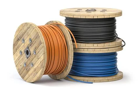 Wire electric cable of different colors on wooden coil or spool isolated o... Stock Photos