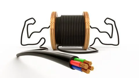 Wire electric cable strong arm bicep on wooden coil or spool isolated on sa.. Foto stock