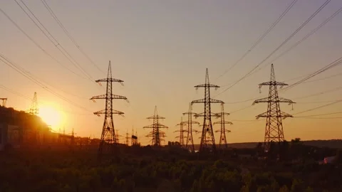 Wire electrical energy at sunset Stock Footage 136809744