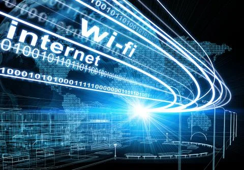 Wire-frame building, continents, light beams, digits and words like internet, on Stockillustratie