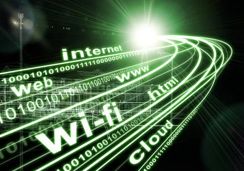 Wire-frame building, light beams, digits and words like internet, web, etc, on d Ilustración de archivo