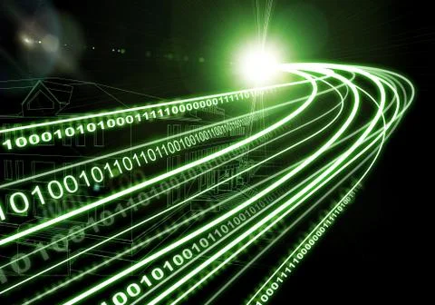 Wire-frame building, light beams and digits, on dark background 库存插图