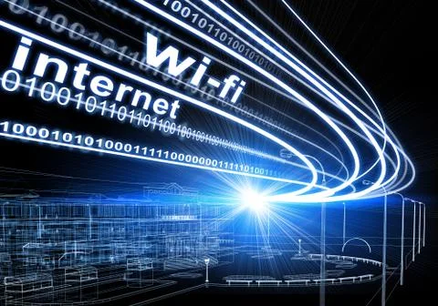 Wire-frame building, light beams, digits and words wi-fi, internet, on dark back Stock Illustration