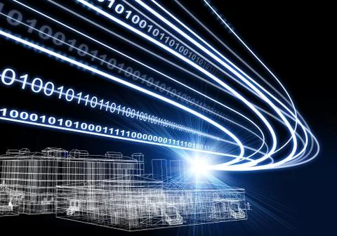 Wire-frame building, light beams and digits on dark background Illustrazione stock