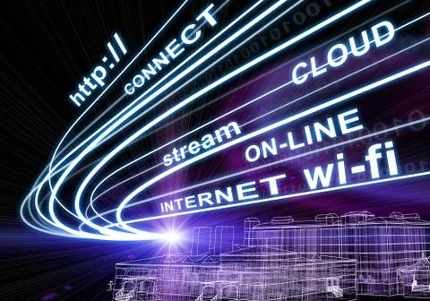 Wire-frame building, stream of light beams with inscribed binary code and words Stock Illustration