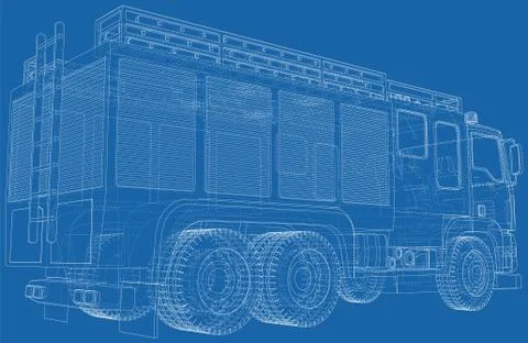 Wire-frame Fire truck. Fire Engine Vector Illustration of car. The layers of Stock Illustration