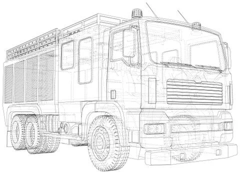 Wire-frame Fire truck. Fire Engine Vector Illustration of car. The layers of Illustrazione stock