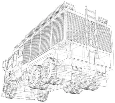 Wire-frame Fire truck. Fire Engine Vector Illustration of car. The layers of Stock Illustration