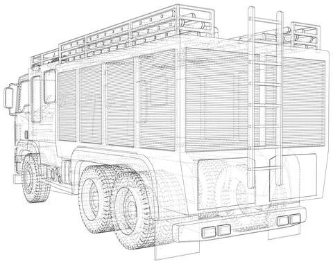 Wire-frame Fire truck. Fire Engine outline Vector Illustration of truck Stock Illustration
