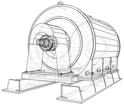 Wire-frame illustration of engine unit oil industry. Created illustration of 3d. Stock Illustration