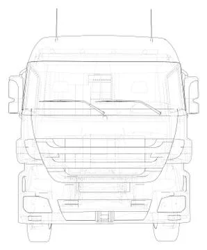 Wire-frame line coiled tubing truck isolated on white. Vector rendering of 3d Stock-Illustration