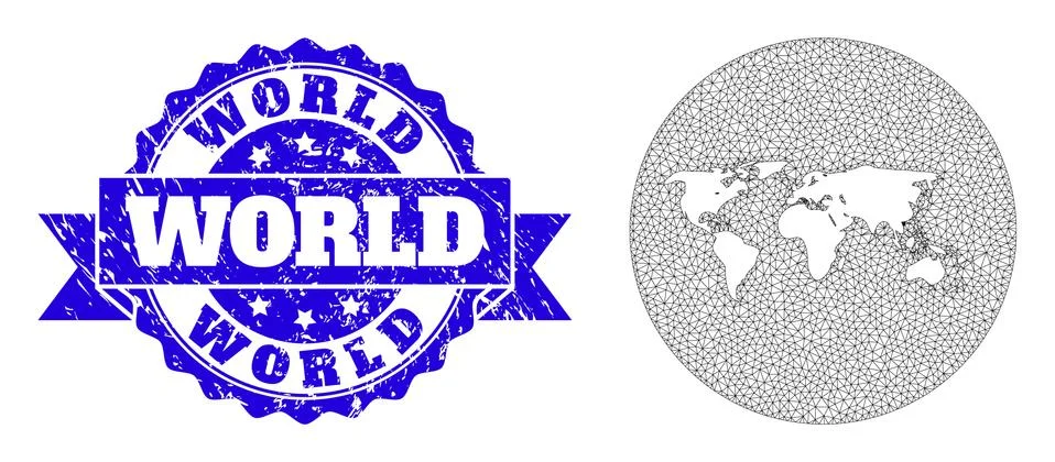 Wire Frame Mesh Circle Inverted Map of World with Scratched Stamp Seal Illustrazione stock