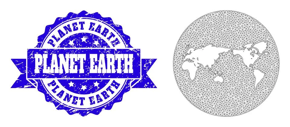 Wire Frame Mesh Round Hole Map of Earth with Grunge Seal 스톡 일러스트