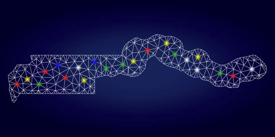 Wire Frame Mesh Vector The Gambia Map with Colored Glow Spots Illustrazione stock