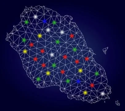 Wire Frame Mesh Vector Graciosa Island Map with Bright Glow Spots Stock Illustration