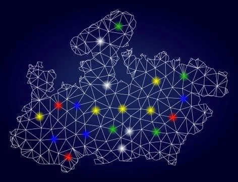 Wire Frame Mesh Vector Madhya Pradesh State Map with Colored Light Spots Stock Illustration