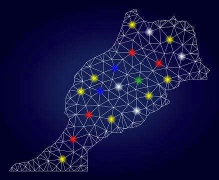 Wire Frame Mesh Vector Morocco Map with Colorful Glowing Spots Stock Illustration
