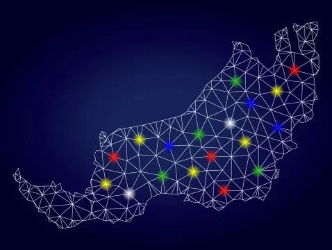 Wire Frame Mesh Vector Sarawak State Map with Bright Glare Spots Illustrazione stock