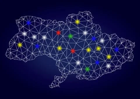Wire Frame Mesh Vector Ukraine Map with Colored Glow Spots Stock Illustration
