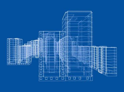 Wire-frame model of a multi-storey building 库存插图