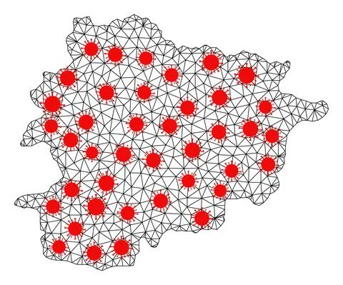 Wire Frame Polygonal Map of Andorra with Red Coronavirus Elements Stock Illustration