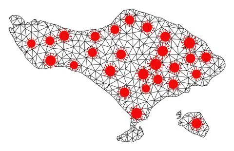 Wire Frame Polygonal Map of Bali Island with Red Covid Elements Stockillustratie