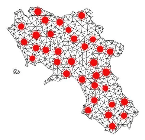 Wire Frame Polygonal Map of Campania Region with Red Infection Elements Illustrazione stock